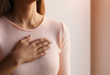 Frau legt ihre Hand auf die Brust.